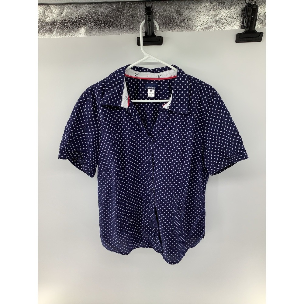 Basic Editions Womens XXL Navy Blue White Polka Dot Short Sleeve Button Down Top